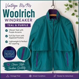 Vintage Woolrich Woman Windbreaker Jacket Teal Purple 80s 90s Retro Full Zip